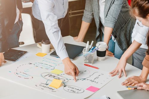 Personen diskutieren eine Flipchart